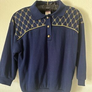 Vintage Women's Navy and Gold 3/4 Sleeved Sweater Size Small